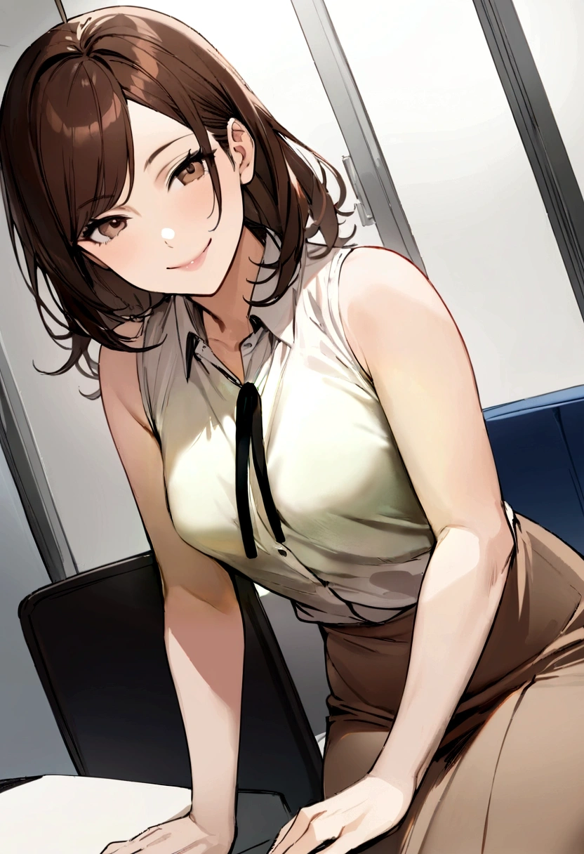 1 sitting woman, office worker, (Office Casual) Stylish clothing, No sleeve, Mature Woman, /(Dark brown hair/) Swept-apart bangs, A kind smile, (Masterpiece Top quality:1.2) Delicate illustrations,Small breasts、Small breasts