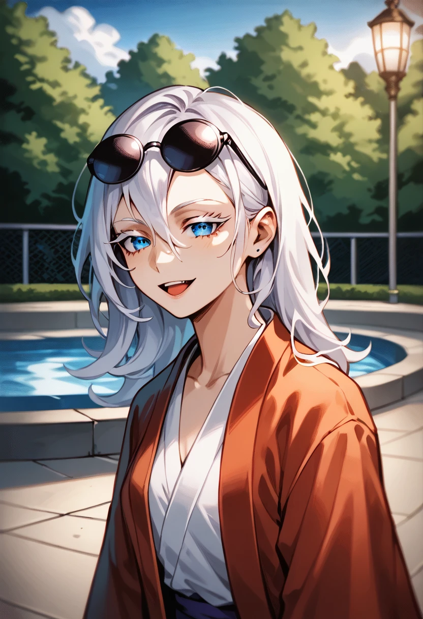 punctuation_9, punctuation_8_High above, punctuation_8, best qualityer,work of art,4K,very aesthetic,no censure,assessment_explicit,assessment_questionable, アニメ_fountain, gojou satora, gender swap \(mtf\), long hair, White hair, blue colored eyes, Depth of field, stunning color, (white eyelashes:1.5), female focus, break, 1 girl, mellow, gazing at viewer, eyes locked, laughing happily, evil smile, Grinning, (Glasses on the head, round glasses), Emotionless, skate park background, kimono, Silk nightgown with lace trim,High aboveper body, break,
Animated by weapons, disheveled hair, lateral view, perfect composition, break,cinematic lighting and shadow, dynamic pose, Expressive, face perfect, perfectbody,(work of art), (best qualityer), (ultra detali), very aesthetic,very detailled, high detailed texture, 8K,