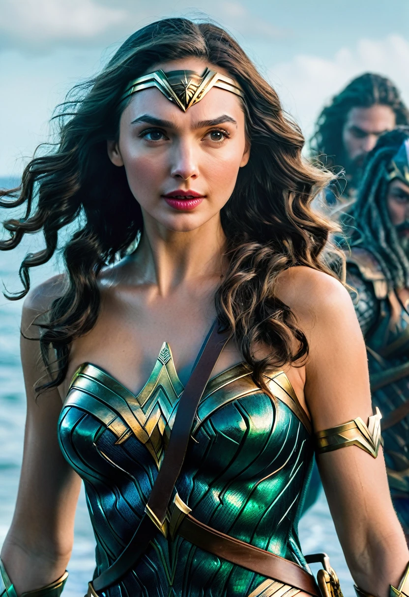 (((Very close-up GAL Gadot under the mantle of the Amazon warrior Wonder Woman costume and colors in the style of Aquaman Diaema Wonder Woman abundant hair collected with ponytail frontal images images color Splash)))