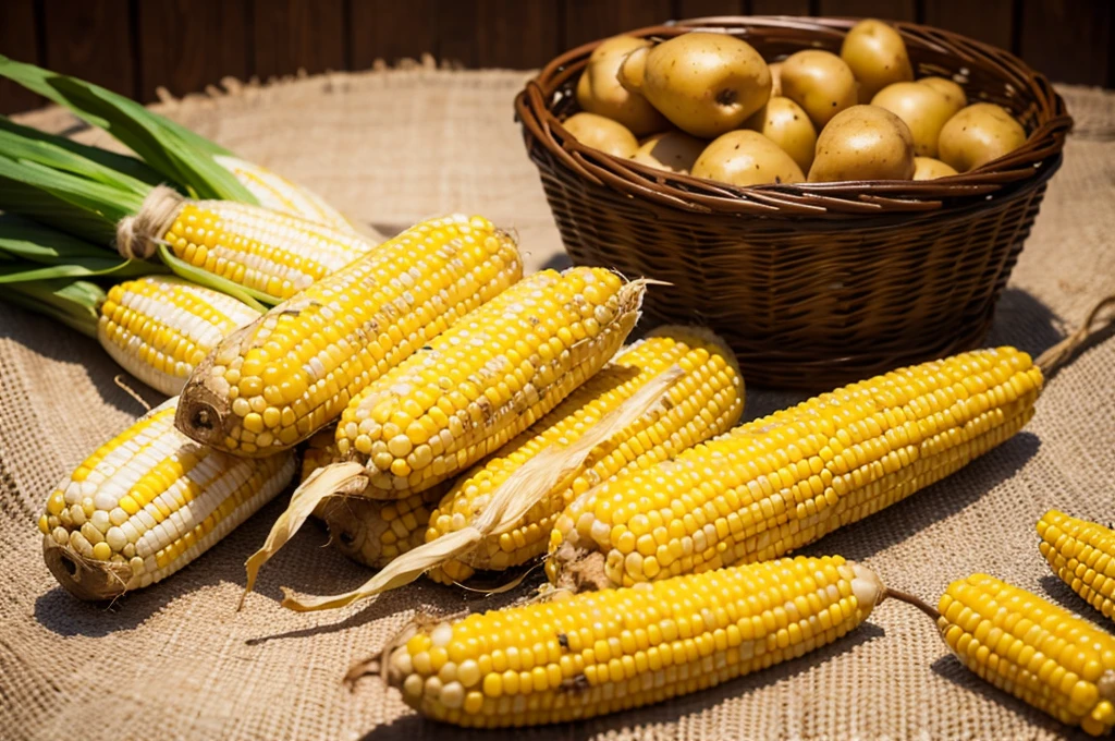 Harvested potatoes and corn