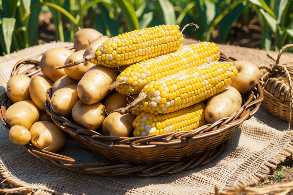 Harvested potatoes and corn