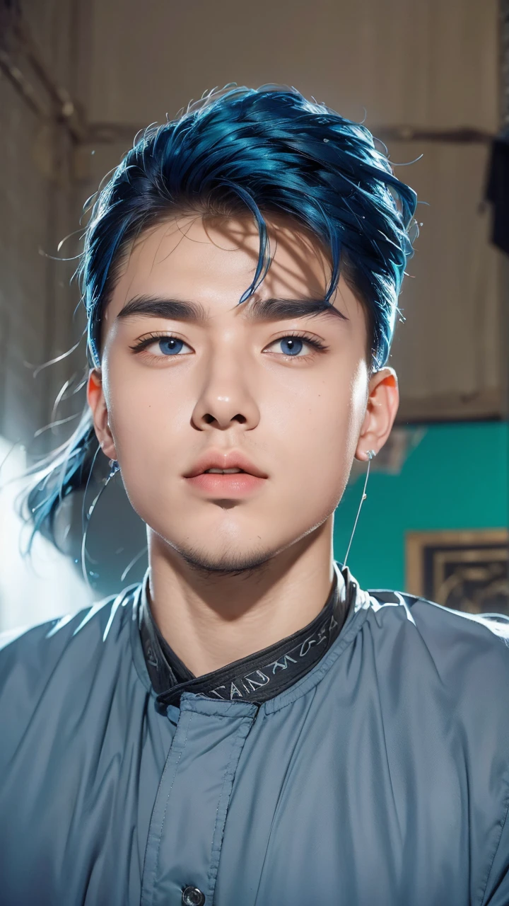 create a picture of a young man with blue hair wearing a black jacket with a blue gradient with a glowing side standing in a stylish pose and a dark background with a white gradient
