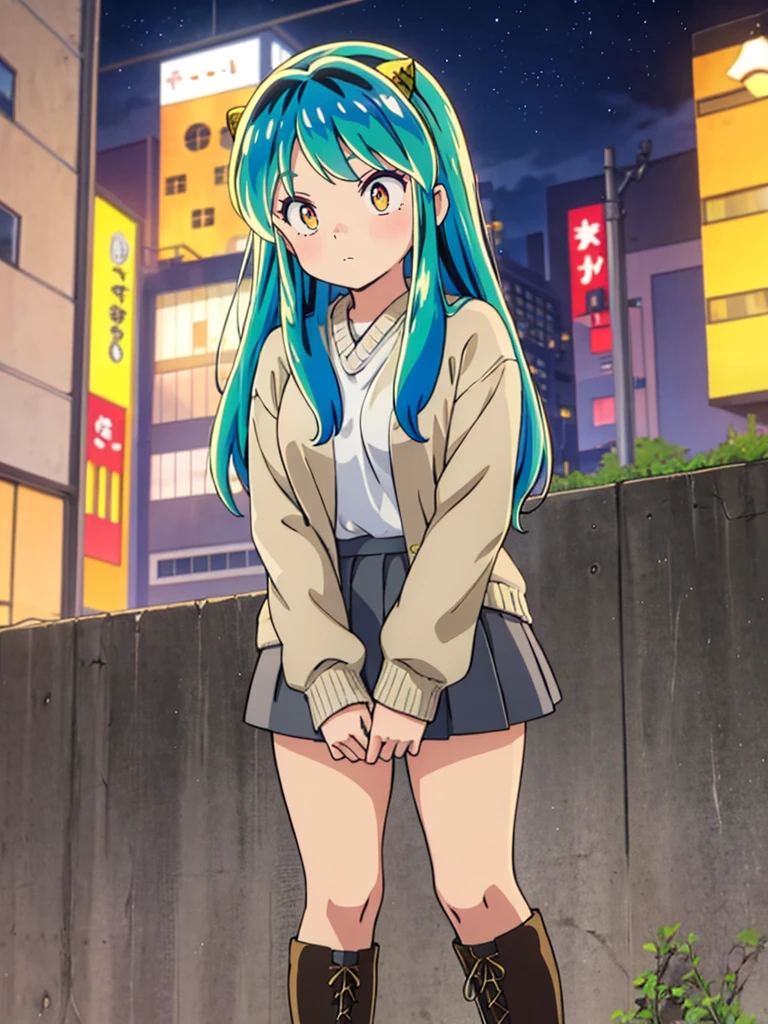 masterpiece, Highest quality, 1 Girl, Lum, happy, blush, Grey knit, Black Mini Skirt, Grey tights, boots,anime, From before, blush, Standing with hands clasped in front of the body, Embarrassed, Mature, 18-year-old, City of night, Gaze Here, High definition, Japan, Green Hair、From below、Focus on the feet