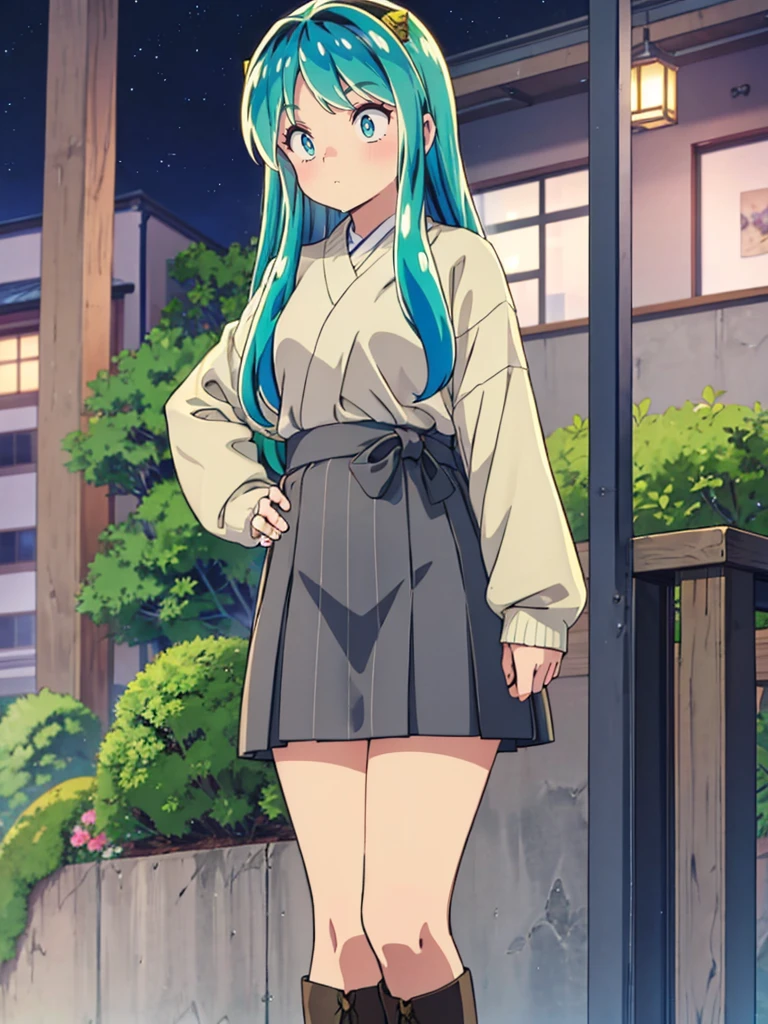 masterpiece, Highest quality, 1 Girl, Lum, happy, blush, Grey knit, Black Mini Skirt, Grey tights, boots,anime, From before, blush, Standing with hands clasped in front of the body, Embarrassed, Mature, 18-year-old, City of night, Gaze Here, High definition, Japan, Green Hair、From below、Focus on the feet