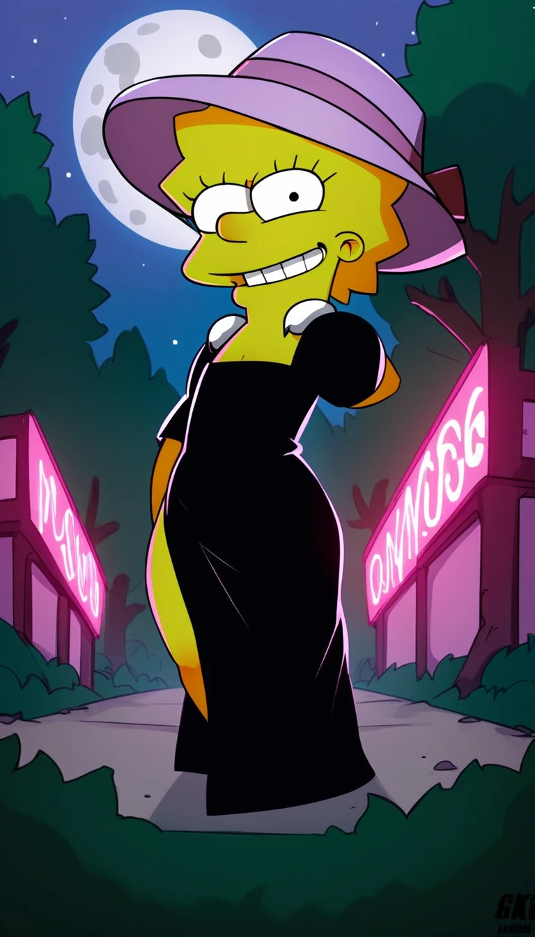 source_cartoon, (((1girl, solo, alone, lisa_simpson, short hair, flat chest, colored skin, green skin, shortstack))), looking at viewer, angry, smile, parted lips,

      glowing neon lights, standing, black witch hat, black witch robe, pink glow, pink magical energy,

 sexy pose, dynamic pose, dynamic angle, cowboy shot,

outdoor, forest, night, moon,