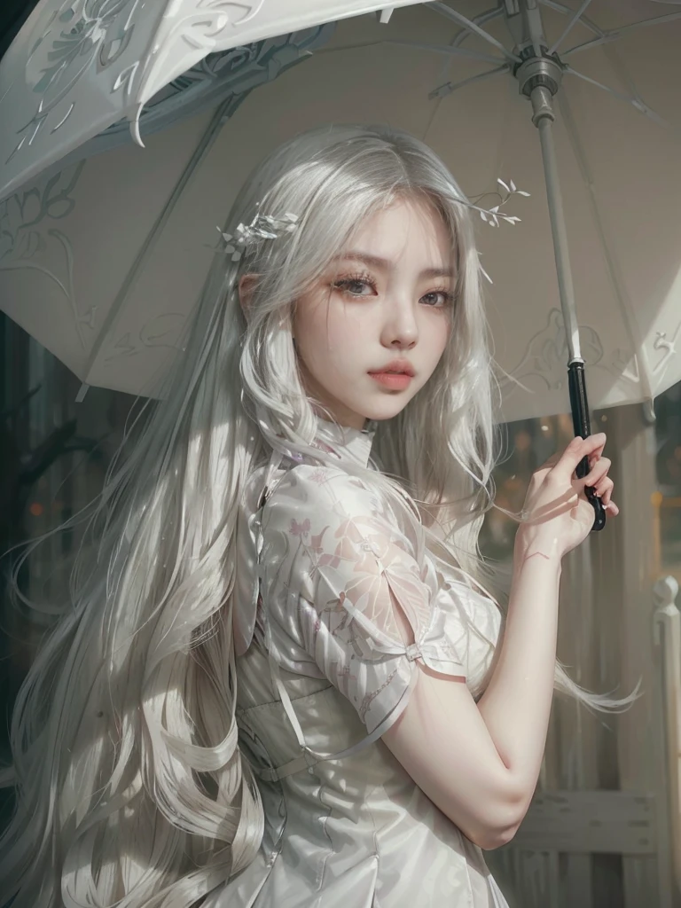 there is a woman with long white hair holding an umbrella, artwork in the style of guweiz, guweiz, with long white hair, with long white hair, beautiful character painting, flowing white hair, girl with white hair, guweiz and artstation pixiv, Guweiz Masterpiece, guweiz and pixiv artstation, hanfu blanco