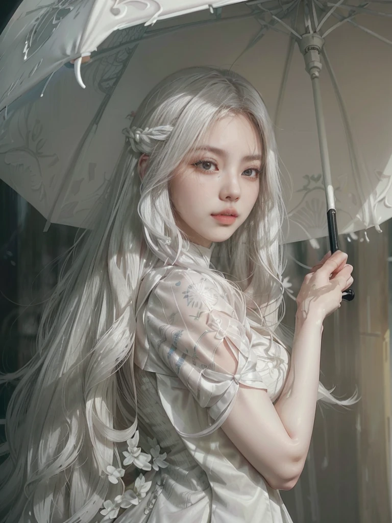 there is a woman with long white hair holding an umbrella, artwork in the style of guweiz, guweiz, with long white hair, with long white hair, beautiful character painting, flowing white hair, girl with white hair, guweiz and artstation pixiv, Guweiz Masterpiece, guweiz and pixiv artstation, hanfu blanco