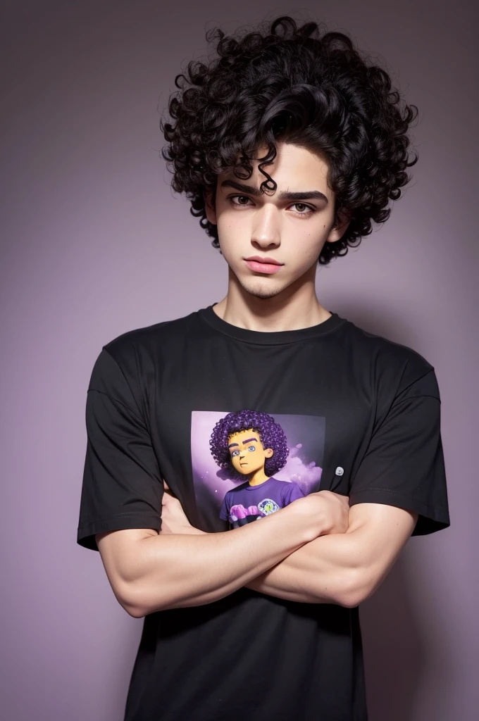 Boy with curly hair Bart Simpsons style, black hair purple shirt and crossed arm, The shirt has the name Mr João, he is very beautiful and realistic