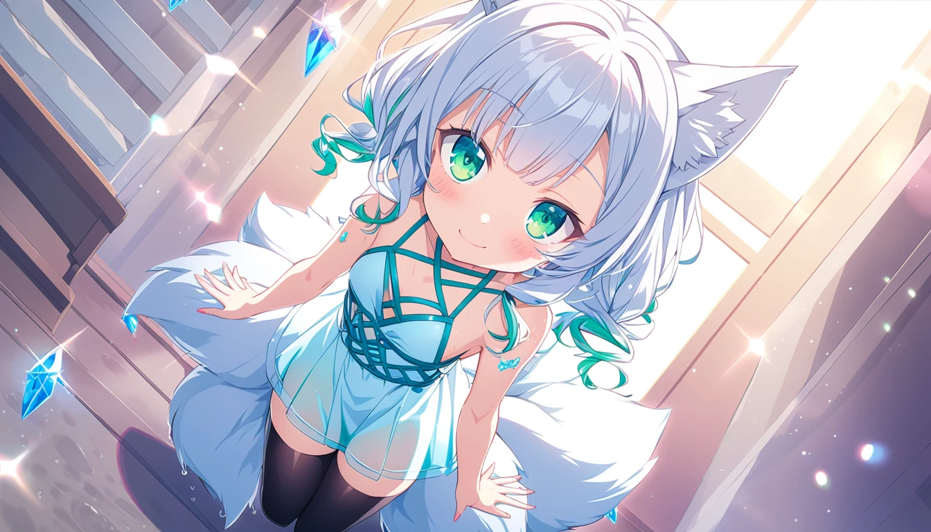 anime artwork (((crystals texture Hair))),((beautiful detailed glass hair)), sparkle, lens flare, 1girl, white hair, solo, thigh highs, side pony tail, black thigh highs, looking at viewer, window, small breast, flat breasts, blush, smile, bangs, anime style, key visual, vibrant, highly detailed, red and green eyes, porcelean skin, fox ears, fox tail, fluffy tail, embarassed, looking up, wet skin, transparant summer dress (0.9), white dress