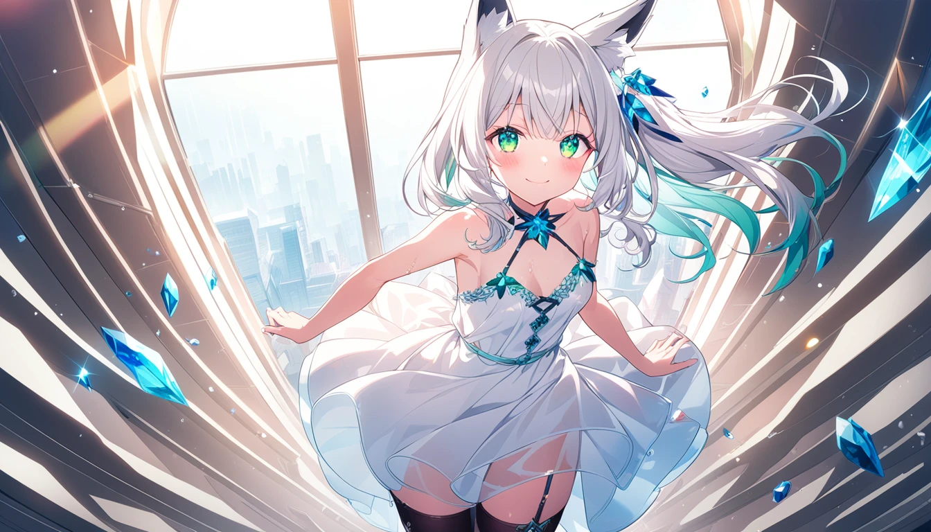 anime artwork (((crystals texture Hair))),((beautiful detailed glass hair)), sparkle, lens flare, 1girl, white hair, solo, thigh highs, side pony tail, black thigh highs, looking at viewer, window, small breast, flat breasts, blush, smile, bangs, anime style, key visual, vibrant, highly detailed, red and green eyes, porcelean skin, fox ears, fox tail, fluffy tail, embarassed, looking up, wet skin, transparant summer dress (0.9), white dress