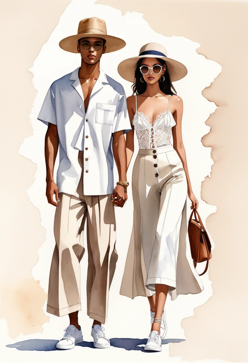 candid fashion illustration of young Mixed race man and woman, both aged 25 year old, ((showcase fashion look book in pale Earth tone outfits)), inspired by Jacquemus's resort collection 2022, in elegant young chic Nautical style. The man wears an oversized short-sleeved stripe shirt, lace details, paired with relaxed-fit white Wide Leg short pants, comfortable and a classic silhouette. He completes his look with white sneakers and round glasses. The woman complements him in a maxi dress, Ankle-length in a cotton weave with delicate lace insets, V-shaped neckline, covered buttons down the front and an open section with covered elastication, Adjustable spaghetti shoulder straps , Gathered tiers down the skirt and a lace hemin, cotton woven fabric, Her ensemble includes an accessorizes with a wide-brimmed straw hat, white sneakers, Captured in a dynamic angle, ((full-body image)), ((imperfect pale water color background)), sketching, realistic drawing, imperfect water color drawing, fashion look book, fashion illustrator, sketch design, Chic Boho, water color palette,