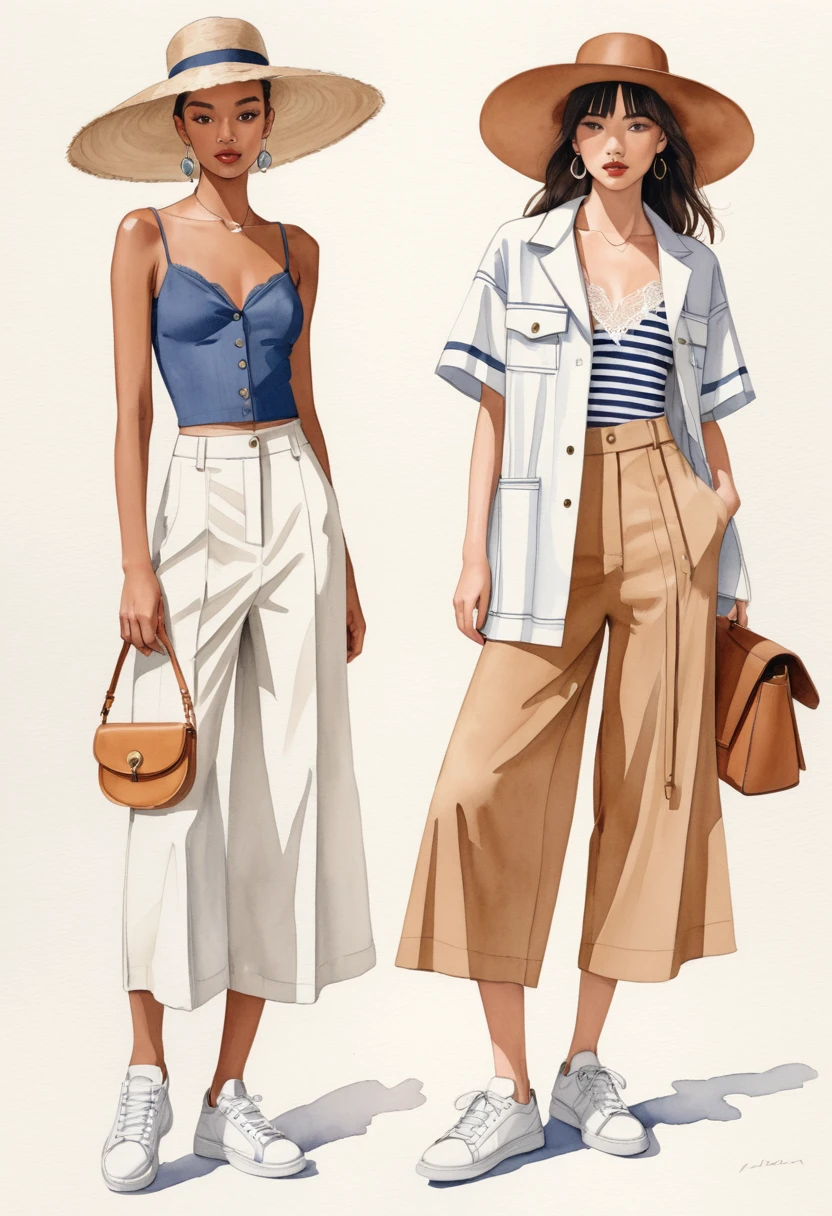 candid fashion illustration of young Mixed race man and woman, both aged 25 year old, ((showcase fashion look book in pale Earth tone outfits)), inspired by Jacquemus's resort collection 2022, in elegant young chic Nautical style. The man wears an oversized short-sleeved stripe shirt, lace details, paired with relaxed-fit white Wide Leg short pants, comfortable and a classic silhouette. He completes his look with white sneakers and round glasses. The woman complements him in a maxi dress, Ankle-length in a cotton weave with delicate lace insets, V-shaped neckline, covered buttons down the front and an open section with covered elastication, Adjustable spaghetti shoulder straps , Gathered tiers down the skirt and a lace hemin, cotton woven fabric, Her ensemble includes an accessorizes with a wide-brimmed straw hat, white sneakers, Captured in a dynamic angle, ((full-body image)), ((imperfect pale water color background)), sketching, realistic drawing, imperfect water color drawing, fashion look book, fashion illustrator, sketch design, Chic Boho, water color palette,