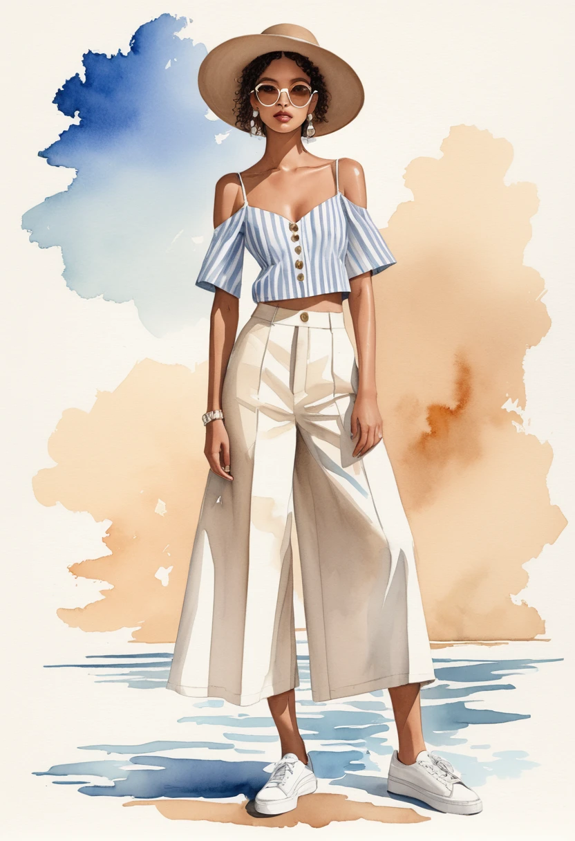 candid fashion illustration of young Mixed race man and woman, both aged 25 year old, ((showcase fashion look book in pale Earth tone outfits)), inspired by Jacquemus's resort collection 2022, in elegant young chic Nautical style. The man wears an oversized short-sleeved stripe shirt, lace details, paired with relaxed-fit white Wide Leg short pants, comfortable and a classic silhouette. He completes his look with white sneakers and round glasses. The woman complements him in a maxi dress, Ankle-length in a cotton weave with delicate lace insets, V-shaped neckline, covered buttons down the front and an open section with covered elastication, Adjustable spaghetti shoulder straps , Gathered tiers down the skirt and a lace hemin, cotton woven fabric, Her ensemble includes an accessorizes with a wide-brimmed straw hat, white sneakers, Captured in a dynamic angle, ((full-body image)), ((imperfect pale water color background)), sketching, realistic drawing, imperfect water color drawing, fashion look book, fashion illustrator, sketch design, Chic Boho, water color palette,