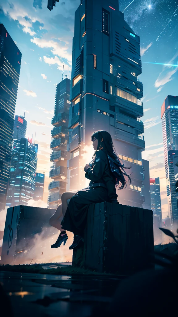 octane, Sky, Star (Sky), landscape, Starry sky, night, 1 Girl, Night Sky, Solitary, outdoor, architecture, cloud, Milky Way, sitting, Tree, Long hair, City, Cityscape, best quality, 8K