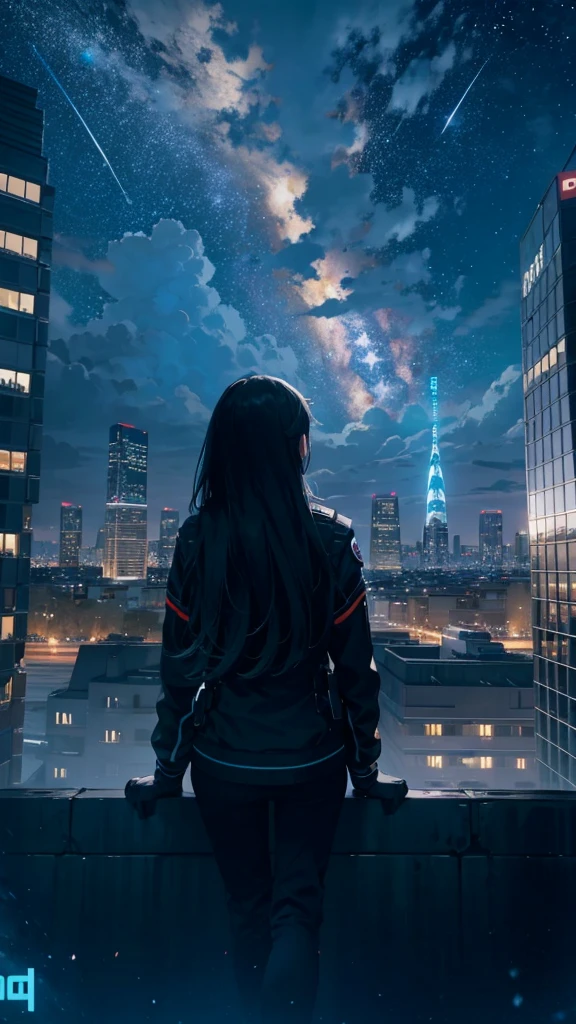 octane, Sky, Star (Sky), landscape, Starry sky, night, 1 Girl, Night Sky, Solitary, outdoor, architecture, cloud, Milky Way, sitting, Tree, Long hair, City, Cityscape, best quality, 8K