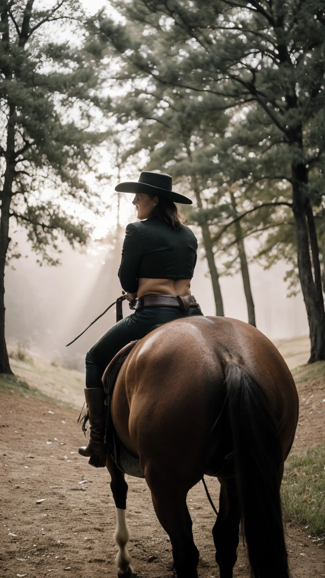 Highest quality, rear angle, low level shot, photo of a Solo milf, cowgirl at western, hot fleshy cougar, nakedly nude, cowboy boots, fullbody pose, outdoors, in scenic high-fantasy country side woodlands, athletic body, big butt, (detailed skin), intricately detailed, overcast weather, BREAK, surrounded by green forest view vibe while riding a stallion-horse, riding on top a horse, BREAK, dappled lighting, crepuscular rays, shadow casting, film grain, volumetric fog, photographed on a Canon EOS R3, 105mm F/2.8 VR Macro Lens, HDR, 8k, (sharp focus), cinematic film still from lord of the rings, (masterpiece),(best quality),(masutaa piisu), 