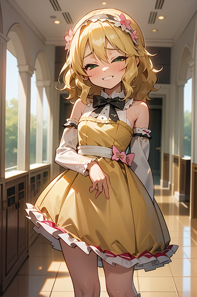 masterpiece,Highest quality, Super detailed,One girl(Sakurai Momoka, Adorable little breasts, Wavy Hair,Blonde, head band,  Pink flowers in the hair,Green Eyes,  Half-closed eyes), Evil Face, Grin, 
In-person audience , View your viewers, alone, Gold Dress(Glamorous Dress), Bare shoulders, Frills, bow, Skirt flip, White panties, White lace knee socks, In the locker room, Are standing,  Seduce your sexy waist, Skirt flip, Love juices flowing from her vagina ,