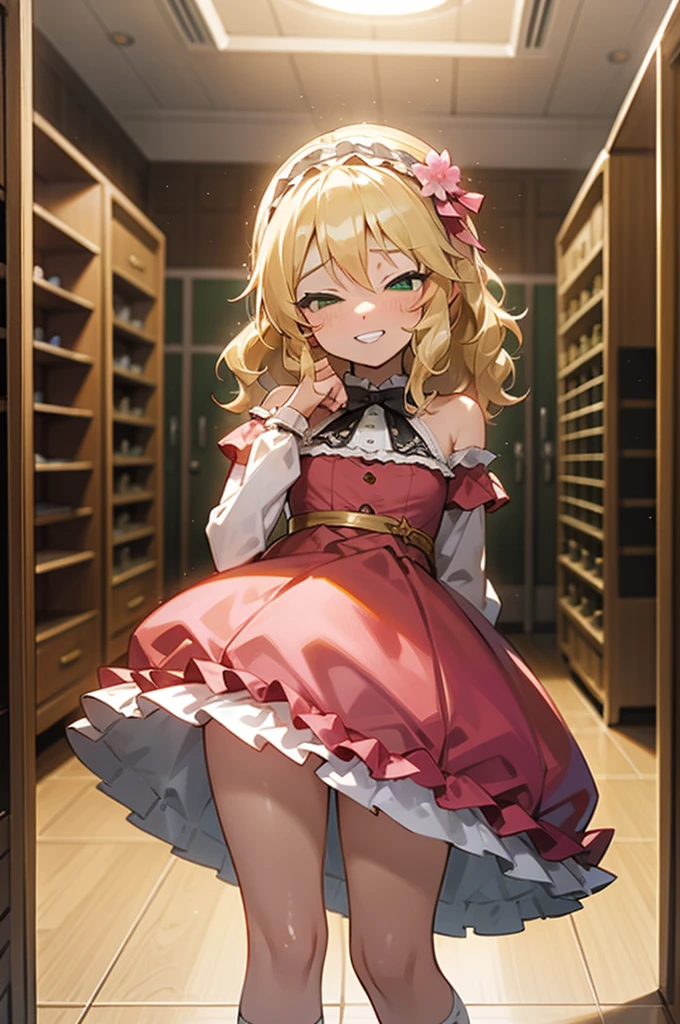 masterpiece,Highest quality, Super detailed,One girl(Sakurai Momoka, Adorable little breasts, Wavy Hair,Blonde, head band, Pink flowers in the hair,Green Eyes, Half-closed eyes), Evil Face, Grin,
In-person audience , View your viewers, alone, Gold Dress(Glamorous Dress), Bare shoulders, Frills, bow, Skirt flip, White panties, White lace knee socks, In the locker room, Are standing, Seduce your sexy waist, Skirt flip, Love juices flowing from her vagina ,