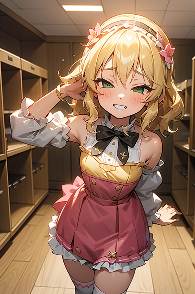 masterpiece,Highest quality, Super detailed,One girl(Sakurai Momoka, Adorable little breasts, Wavy Hair,Blonde, head band,  Pink flowers in the hair,Green Eyes,  Half-closed eyes), Evil Face, Grin, 
In-person audience , View your viewers, alone, Gold Dress(Glamorous Dress), Bare shoulders, Frills, bow, Skirt flip, White panties, White lace knee socks, In the locker room, Are standing,  Seduce your sexy waist, Skirt flip, Love juices flowing from her vagina ,  Skirt Lift