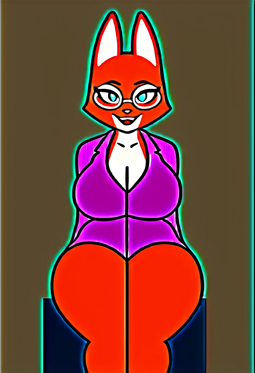(master piece: 1.1), By taigerarts, chibi head, beautiful and detailed head portrait of diane foxington, 1girl, breasts, furry, furry female, solo, green eyes, collarbone, wide hips, body fur, animal ears, thick thighs, eyelashes, eyeliner, glasses, shirt, sitting, thighs, smile, short hair, large breasts, desk, indoors, open mouth, looking at viewer, blush, fangs, long sleeves, teeth, office lady, light blush, arm support, cleavage, Mythology, Go