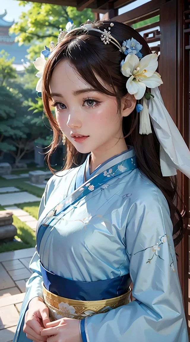 A woman in a blue and white dress with flowers in her hair, hanfu, palace, girl in hanfu, blue hanfu, white hanfu, wearing ancient Chinese costume, ((beautiful fantasy queen)), ancient Chinese princess, Chinese style, traditional Chinese clothing, ancient Chinese clothing, beautiful fantasy queen, Chinese princess, traditional beauty,