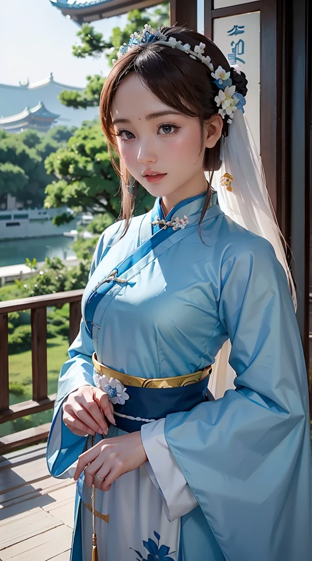 A woman in a blue and white dress with flowers in her hair, hanfu, palace, girl in hanfu, blue hanfu, white hanfu, wearing ancient Chinese costume, ((beautiful fantasy queen)), ancient Chinese princess, Chinese style, traditional Chinese clothing, ancient Chinese clothing, beautiful fantasy queen, Chinese princess, traditional beauty,