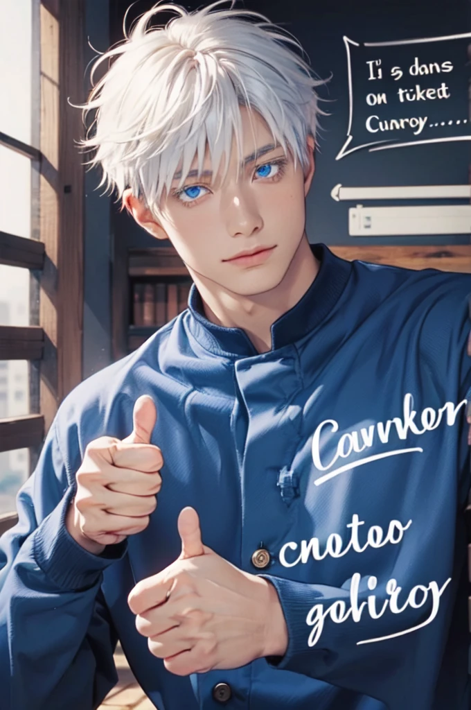 Incrs404,english text,Written On Clothes,1male,portrait,satoru gojo,white hair,short hair,hair between eyes,blue eyes,colored eyelashses,(thumbs_up:1.4),(cowboy_shot:1.3),