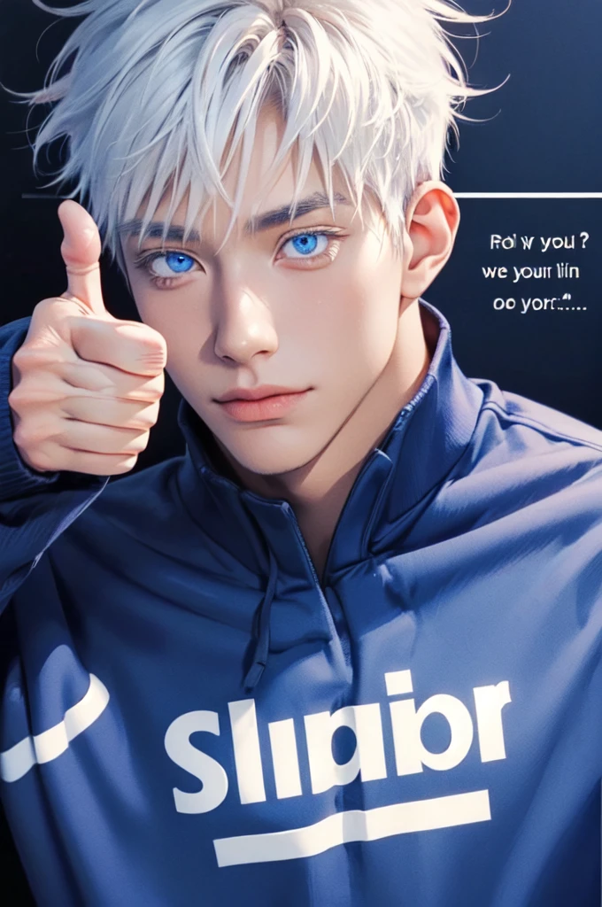Incrs404,english text,Written On Clothes,1male,portrait,satoru gojo,white hair,short hair,hair between eyes,blue eyes,colored eyelashses,(thumbs_up:1.4),(cowboy_shot:1.3),