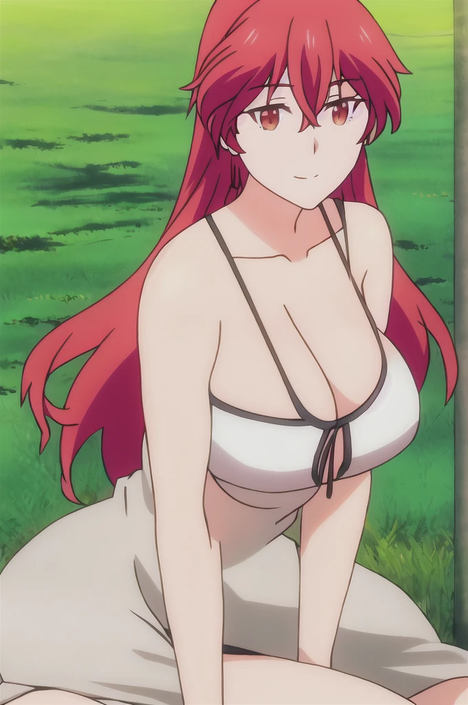 maria, 1girl, solo, long_hair, bangs, red_eyes, hair_between_eyes, red_hair, sitting_on_ground, flower_field, microbikini, breastsout, bare shoulder, huge breasts