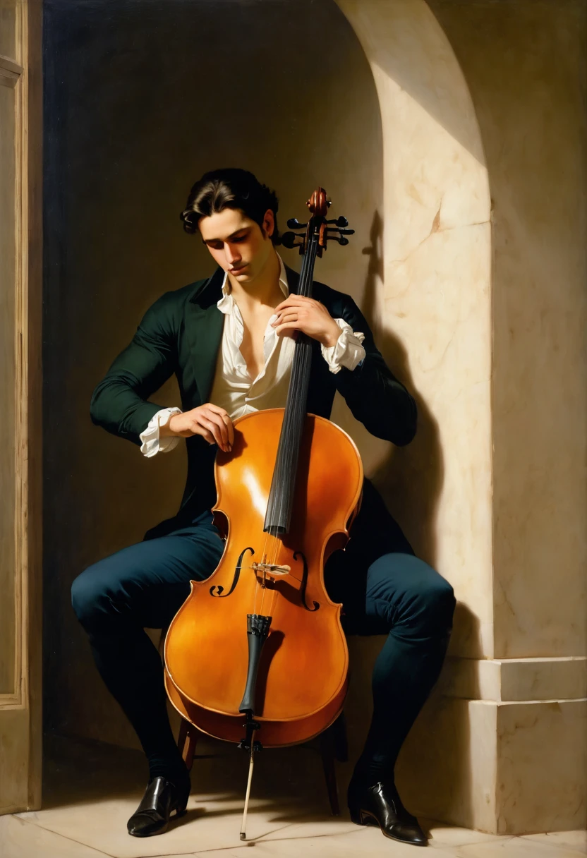 In Roberto Ferri Art Style, a latin sad man watches  from the window of his  dark room, to a young man manly, muscular, slender, strong, radiant, beautiful, athletic and harmonious body, you play the cello from whose strings come notes of various colors that disperse in the garden of flowers filling everything with light