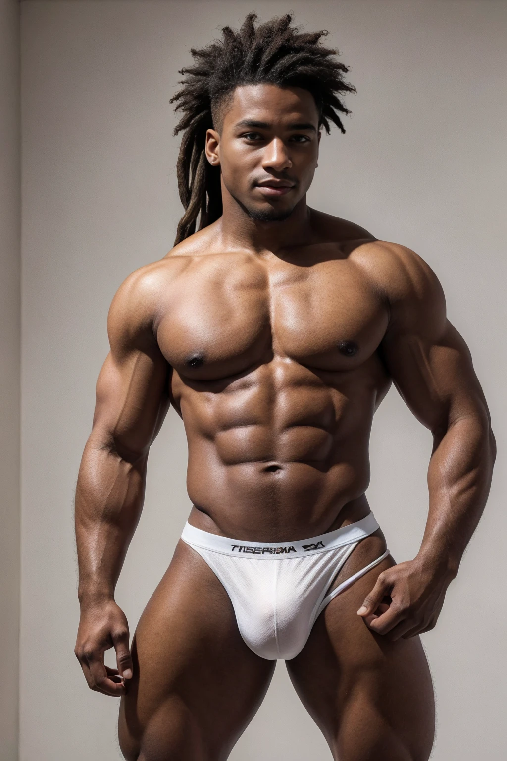 1boy, (Brown Eyes), happy smile,American boy,,young,thick body, slender, sport body build, child-like,Handsome sexy black man, perfect body, male body aesthetics, skin texture,((best quality,4k,highres,masterpiece:1.2)),((character concept art)), 1 male, He is African-American exchange student from U.S., college league player, American Football, Running Back position, athlete, athletic body, tall, broad shoulders, very strong arms and legs, very muscular, dreadlock hairstyle, Andrew Tete's traits and personality - pragmatic, driven, intelligent, compassionate, reliable, goer, arrogant, extrovert, wearing yellow t-shirt, Richard Mille wristwatch, luxury brand sneaker, diamond stud earring, stylish sneakers, confident smirk, intense gaze, (standing confidently), (full body showcase), (show full body), (no logos on background), (no logo), ((plain background)), ((plain background)), (((empty background))) , wearing red colors micro thong with medium bulge,very pale skin, light skin, model with attractive body,medium bulge and medium butts,(Best quality, 8k, Masterpiece). High Detail , superior quality, natural lighting, beautiful, sexy, correct anatomy, good composition,realistic shapes, realistic skin tones,Natural eyes,realistic eyes,looking up at viewer,vpl,realistic muscles,Realistic wrinkles on the skin,Realistic arms and legs,Realistic face,realistic hair,Make a sexy and seductive face, Clear Focus: 1.2, Perfect Body virile: 1.4 , Slender Abs: 1.2, Highly detailed face and skin texture, detailed eyes, double eyelids, big upper lip, man focus,amazing composition, front view, HDR, volumetric lighting, ultra quality, elegant,Post a erotic photoshoot,Realistic pose,detailed hair,full body,Fujifilm XT3 photorealistic art by midjourney