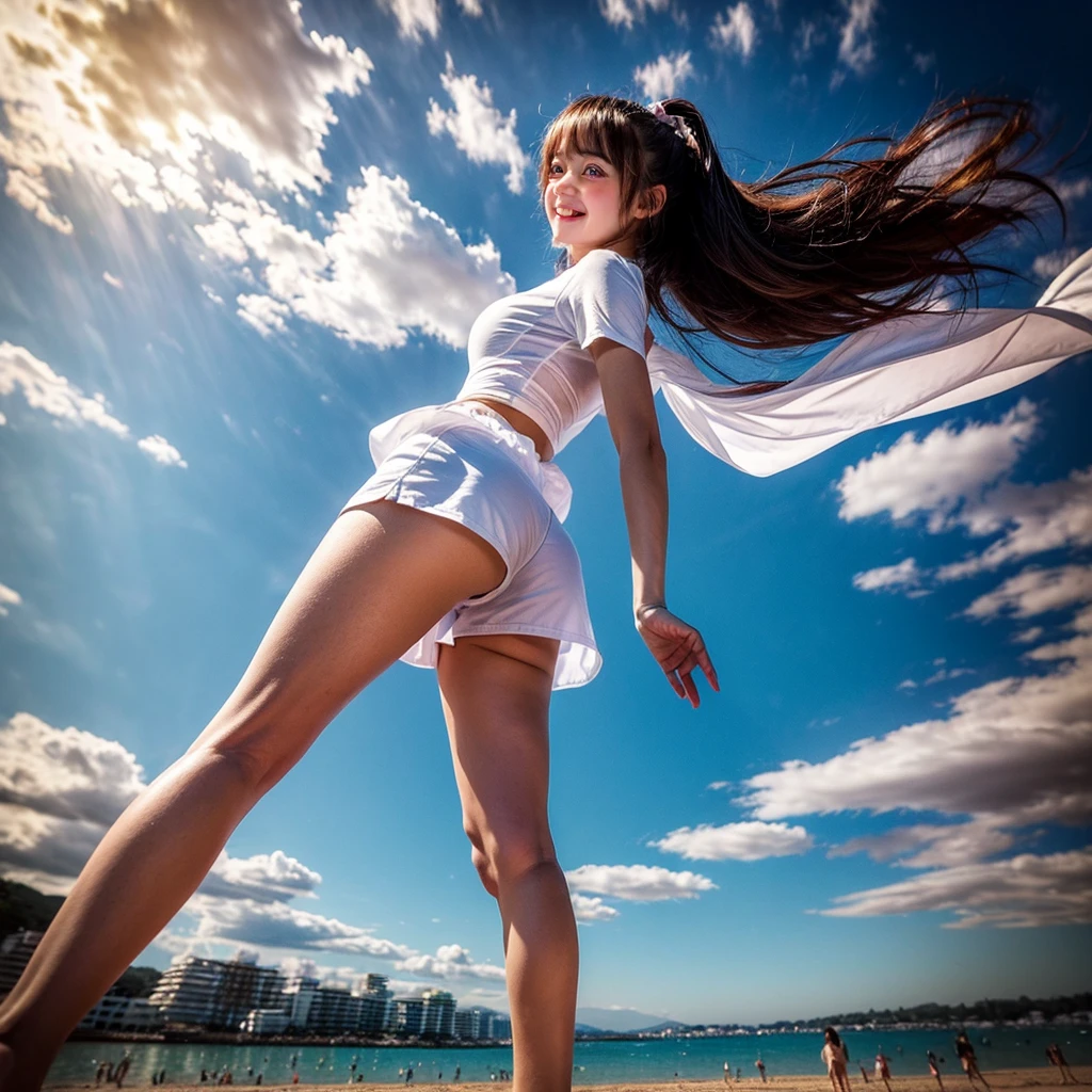 ((ExtremelyDetailed ( KAWAII Girl Floating:1.37) in WHITE at Dusk Enoshima Beach)), (masterpiece 8K TopQuality) (ProfessionalPhoto:1.37), {(Standing Full Body:1.2)|(from below:1.2)}, Different types of hair colors, {(White skinny(School Swimwear))|(SchoolUniform with WhiteSkinny LowRise shorts)}, {Detailed Childish hand|Hidden hand|Armpit|Different types of breasts of various sizes from HUGE to FLAT|(Clearly Visible the shape of Butt)}, Joyful Expressions LifeLike Rendering, PerfectLighting, Dazzling Horizon {Colorful Clouds | Starry IridescentParticles}