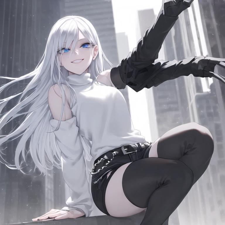 ((masterpiece)), (best quality), (detailed), (ultra high resolution), 1girl,
looking at viewer, (lipstick:0.75), leaning forward,
winter, vivid colors, Silver hair, Pale skin, Beautiful detailed face, Detailed eyes, posing on a, On a white background, Dynamic lighting, dynamic shadowing, looking at viewer, White stone punk fashion,(Posing for a photo),((White clothes)), (((black thigh highs))), jean shorts, skirt, white sweater, ((Blue eyes)), happy, smiling, black straps, black strap design, ((Long white hair)), energetic, cheerful, cityscape background, (((long black sleeves))), ((long black sleeves)), black sleeves
