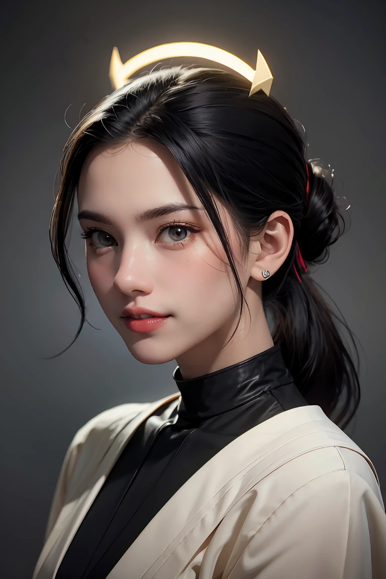 black hair, short ponytail, widow's peak, Angel Halo, demon horns, multicolored eyes, pointy ears, smile, young man, Conceptual art, Realism, chiaroscuro, anatomically correct, textured skin