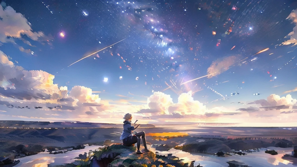 Skyline,night sky,非常にwonderfulレンダリング,Best Rendering,The finest details,Dream,wonderful,rich and colorful,8k resolution,Maximum resolution,universe,actor,landscape,landscapeアート,night,dark，下方城市landscape，Brightly lit，A silver-haired girl sits on the roof and looks into the distance，There are shooting stars in the sky，Highlight Meteor，非常dark