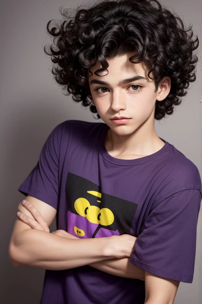 Boy with curly hair Bart Simpsons style, black hair purple shirt and crossed arm, The shirt has the name Mr João, he is very handsome