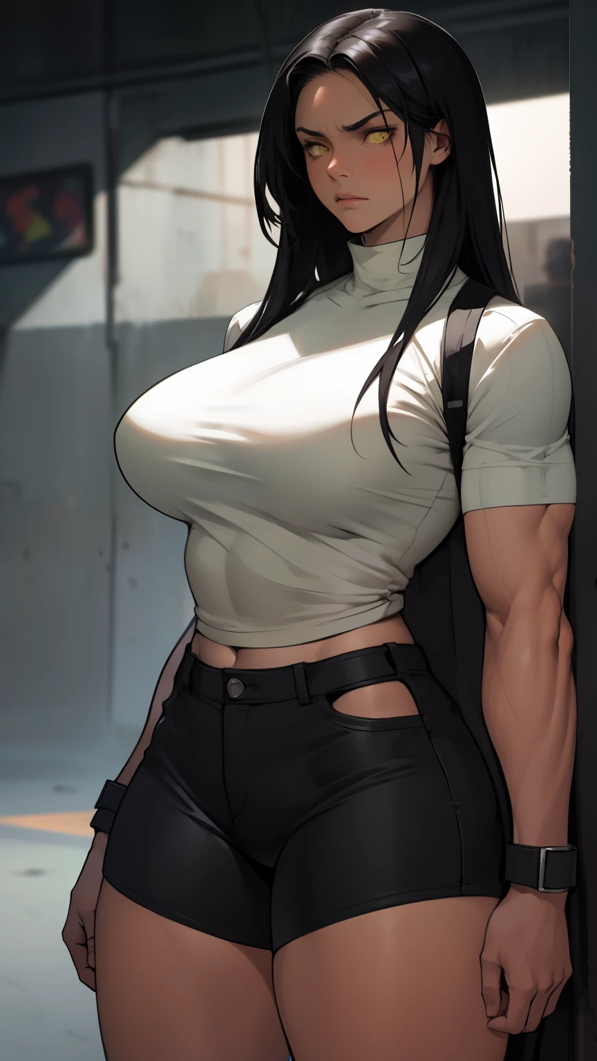 giant hair massive breasts huge muscles big thighs black hair yellow eyes pale skin angry sad girl thick as fuck long straight hair long straight hair