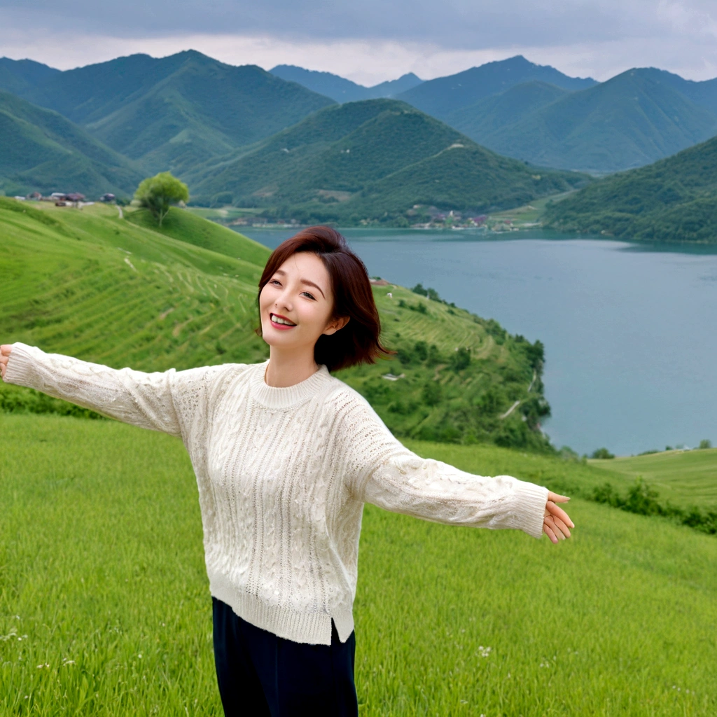 8k best picture quality, Beautiful 36-year-old Korean woman, My skin is good and my eyes are clear and pretty... Chest size 34 inches, swiss countryside village, The back background is realistic and vivid quality., Short and medium hair blowing in the wind, Wearing a luxurious luxury knit. casual pants, laugh, Short and slim Korean woman, stand far away, Photo taken with a wide-angle lens, cows graze grass, I can see the lake in the distance