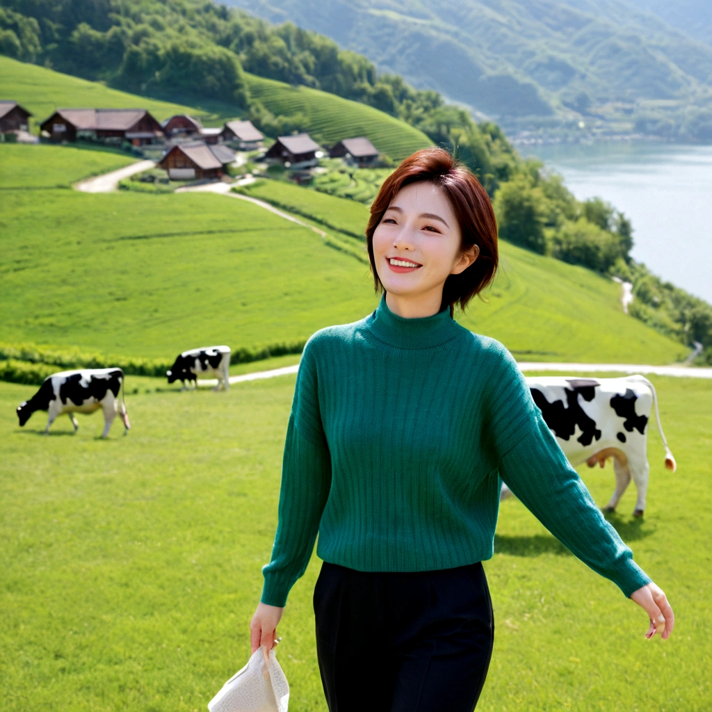 8k best picture quality, Beautiful 36-year-old Korean woman, My skin is good and my eyes are clear and pretty... Chest size 34 inches, swiss countryside village, The back background is realistic and vivid quality., Short and medium hair blowing in the wind, Wearing a luxurious luxury knit. casual pants, laugh, Short and slim Korean woman, stand far away, Photo taken with a wide-angle lens, cows graze grass, I can see the lake in the distance