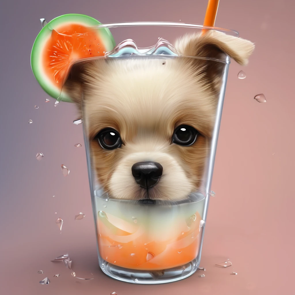 Glued puppy face parts on glass, transparent, with straw, cream, melon and soda, high quality