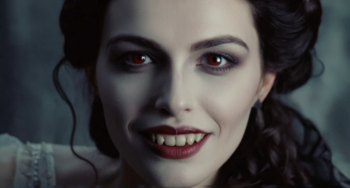 Dark Fantasy Art of (Cinematic Film stock footage style) in (arri alexa style) (Kodak film print style), hyperrealism
 Female Vampire a woman with a very big grin on her face and with a vampire makeup, dark, moody, dark fantasy style