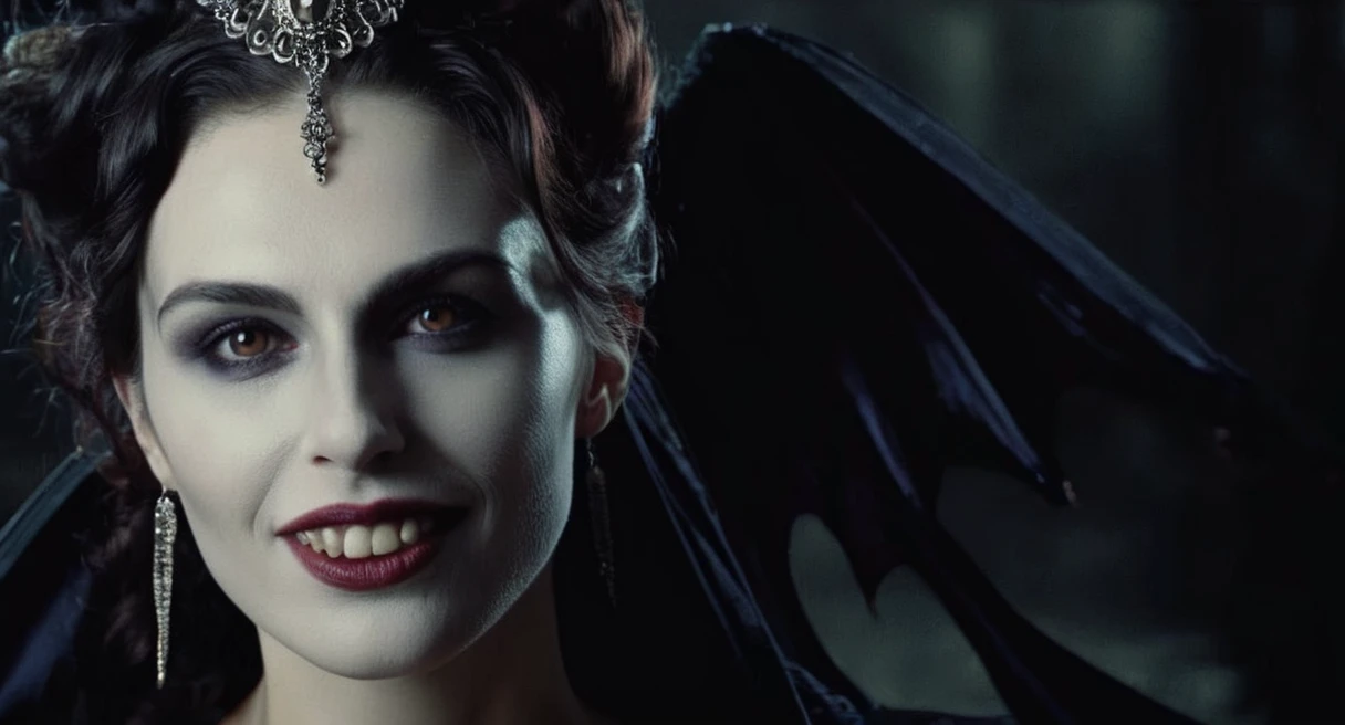 Dark Fantasy Art of (Cinematic Film stock footage style) in (arri alexa style) (Kodak film print style), hyperrealism
 Female Vampire a woman with a very big grin on her face and with a vampire makeup, dark, moody, dark fantasy style