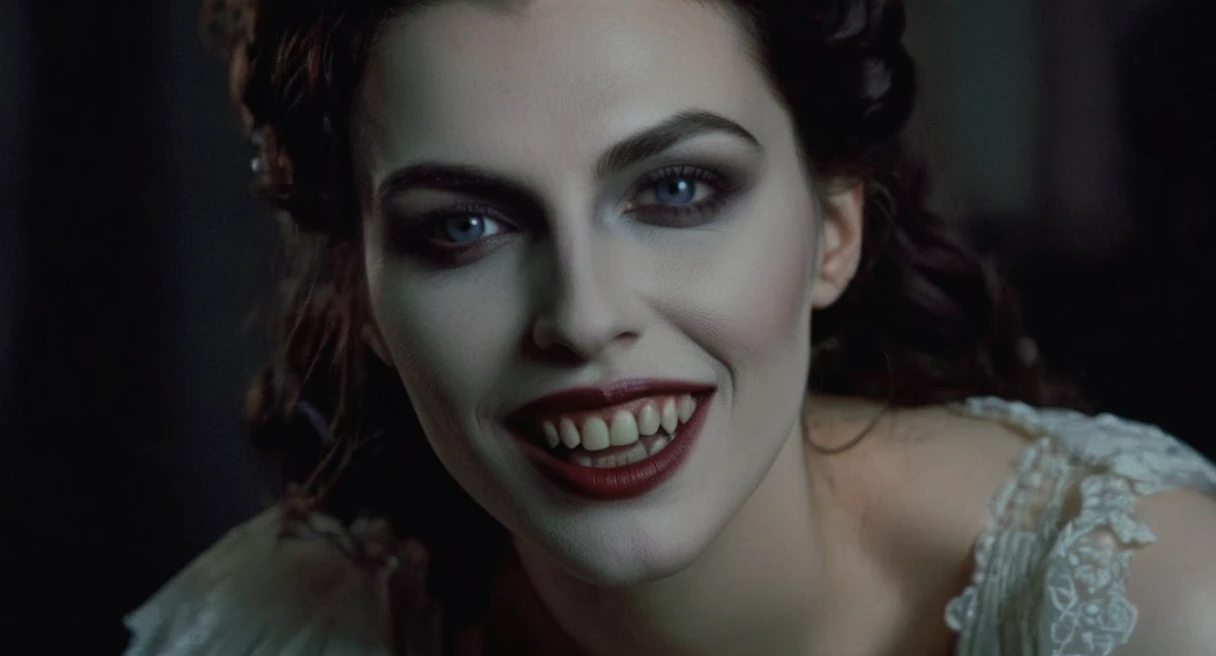 Dark Fantasy Art of (Cinematic Film stock footage style) in (arri alexa style) (Kodak film print style), hyperrealism
 Female Vampire a woman with a very big grin on her face and with a vampire makeup, dark, moody, dark fantasy style