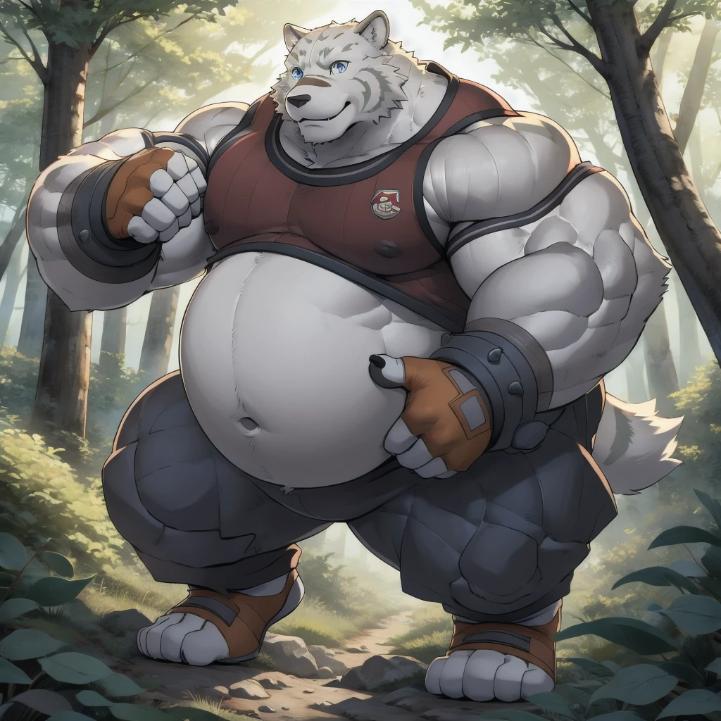 Animal kingdom Tank Hero Academia Shonen Anime style, full body image, Casual, neighborhood style, big obese teen, in sport clothes, He is a huge obese Sumo in huge obese weight gain process, detailed face, detailed eyes, detailed nose, defined face, big belly, high resolution settings, settings to fix face, high resolution settings, face fix settings, Whismical model, detailed eyes, detailed hands best quality,realistic lighting, male, anthro,muscular, muscular male, solo, bodily fluids, abs, pecs, muscular anthro, hi res, nipples, detailed background, forest, (yohei:1.2), (perfect eyes:1.2),white fur,  (ultra detailed paws)