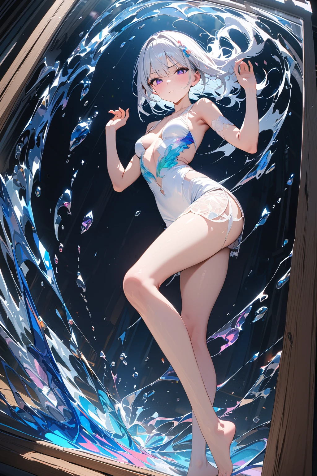 (masterpiece, best quality:1.5), (ultra detailed, high resolution, 8k, beautiful detailed, UHD, best anatomy), white hair, small breasts, 1girl, barefoot, glass art, glass, Beautiful gradation, wondrous, break glass