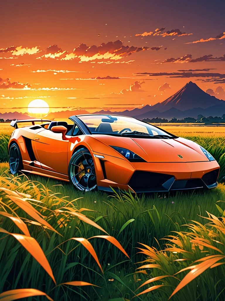 anime landscape of A pearl super orange pearl classic Lamborghini Gallardo sport sits in a field of tall grass with a sunset in the background.beautiful anime scene, beautiful anime peace scene, Makoto Shinkai Cyril Rolando, beautiful anime scene, amazing wallpaper, anime art wallpaper 8k, anime background, artistic anime background, anime wallpaper 4k, anime art 4k wallpaper, anime wallpaper art 4k,