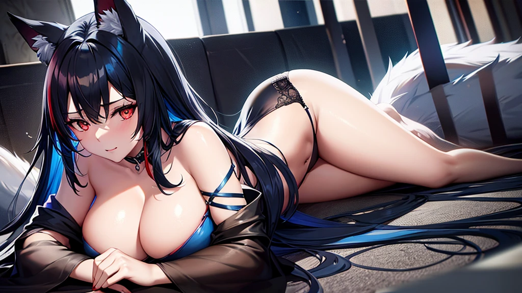 An adult woman, half wolf, black and blue ears, ears down, red eyes, black and blue hair, wide breasts, very sexy, lying down, underwear, very shy