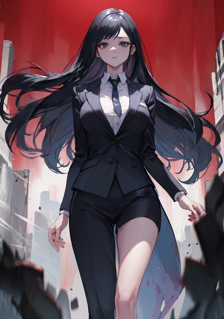 beautiful woman in business suit, long black hair, black eyes, looking at viewer, red background with details supernatural, macabre, supernatural creatures, intricate details, hyperrealistic, 8k, octane render, chiaroscuro lighting, cinematic composition, dramatic atmosphere, digital art