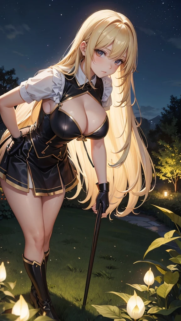 ((close shot 1.8)) One woman,Big Breasts,Blonde Long Hair, black lingiree (1.5) standing in garden in night 