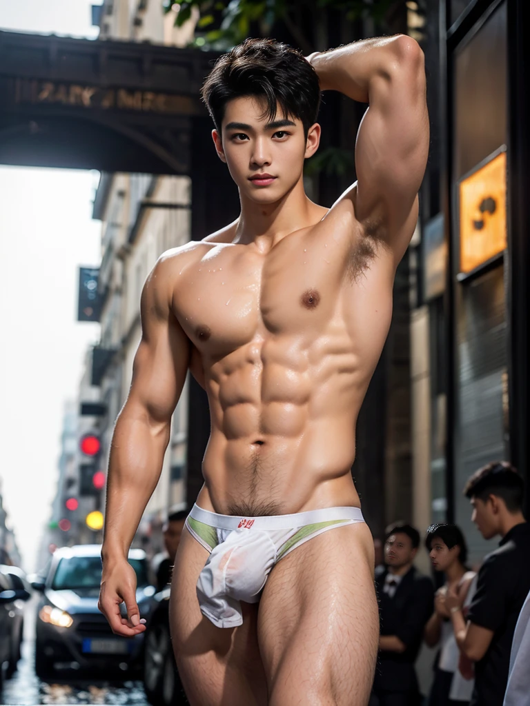 Full body, Sheer Transparent thong, very hairless armpits, Very crowded street, Topless, shirtless,  boy, very young boy, Cinematic soft lighting illuminates a stunningly detailed and ultra-realistic handsome Chinese male supermodel, ultra short messy curly hair, clear honey eyes, captivating perfect smile, sensual, hot man, insanely handsome, showing off his sweaty body, sixpack muscular body build, slender, toned, full body, 8k, photography, masterpiece, detailed face, detailed eyes, detailed hands, in the Paris street, beautiful night scenery in Paris, hairy armpits, only wearing very thin micro white thong with bulge, very wet body, very sweaty body, Paris background, paris scenery 